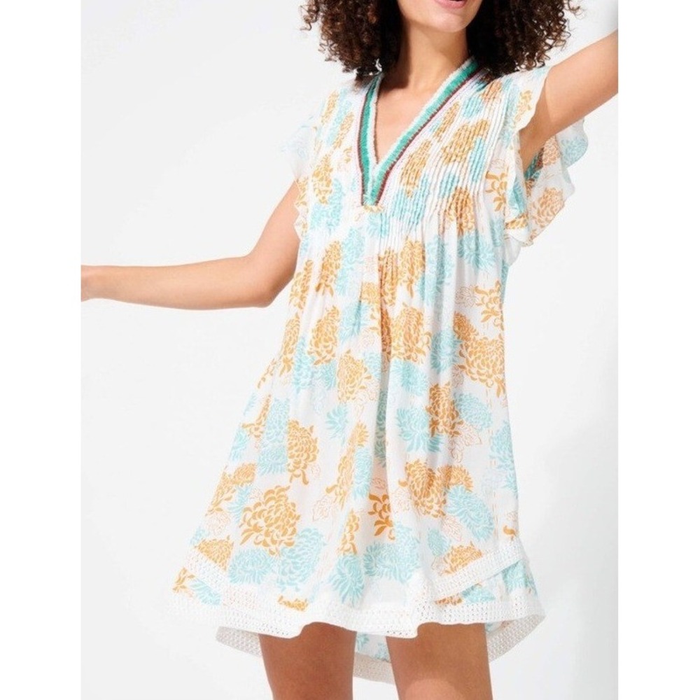 Poupette St Barth x Vilebrequin Sasha Mini Dress XS Hydrangea Floral Boho Fringe